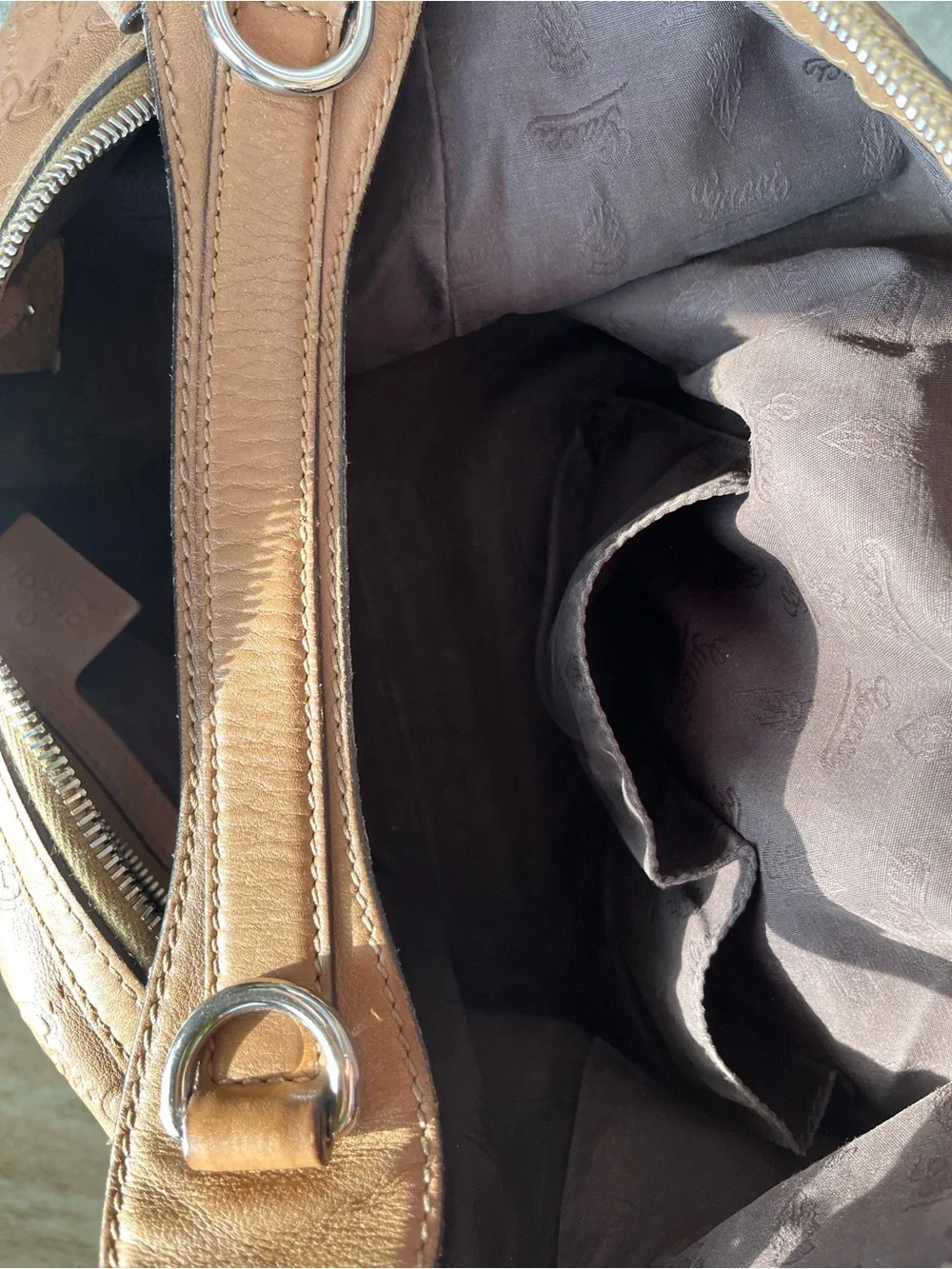 Gucci Guccisima Tan Beige Embossed Leather One Strap Hobo Purse Silver Hardware